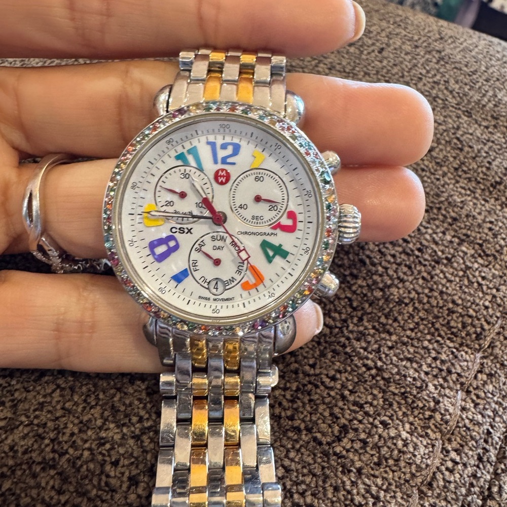 Michele CSX Chronograph Watch Multicolor Gemstone Bezel 1.50 CT Swiss Two-Tone - Picture 4 of 16
